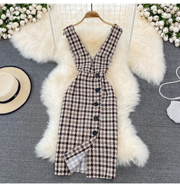 Woolen Plaid Suit Skirt Female Strap Dress Two-piece Sweater