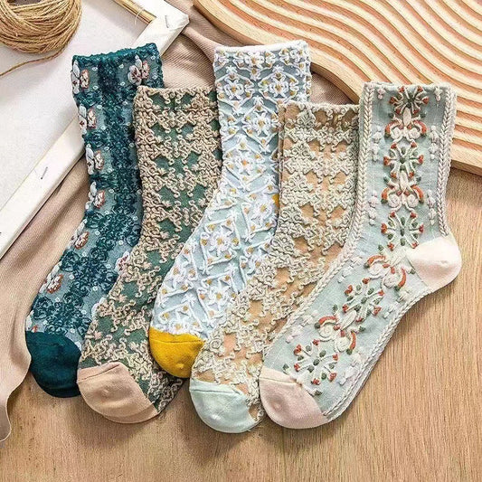 Retro Three-dimensional Relief Socks Women's Tube Flowers Casual Wear