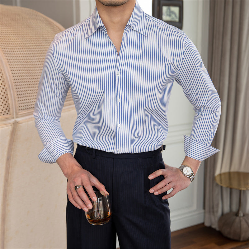 All-match Striped One-piece Collar Long-sleeved Shirt Slim Fit