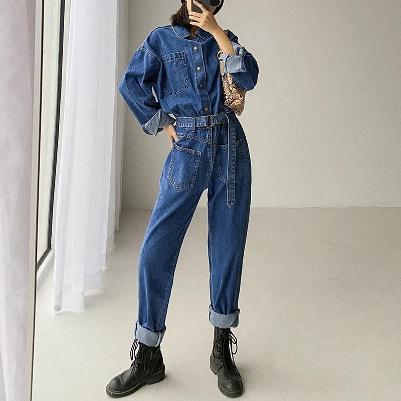 Lapel Collar Long-sleeved Waisted Denim Overalls Jumpsuit