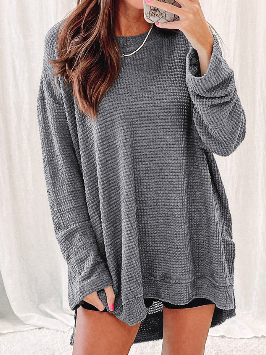 Solid Color Loose-fitting Pullover Round-neck Waffle Sweater