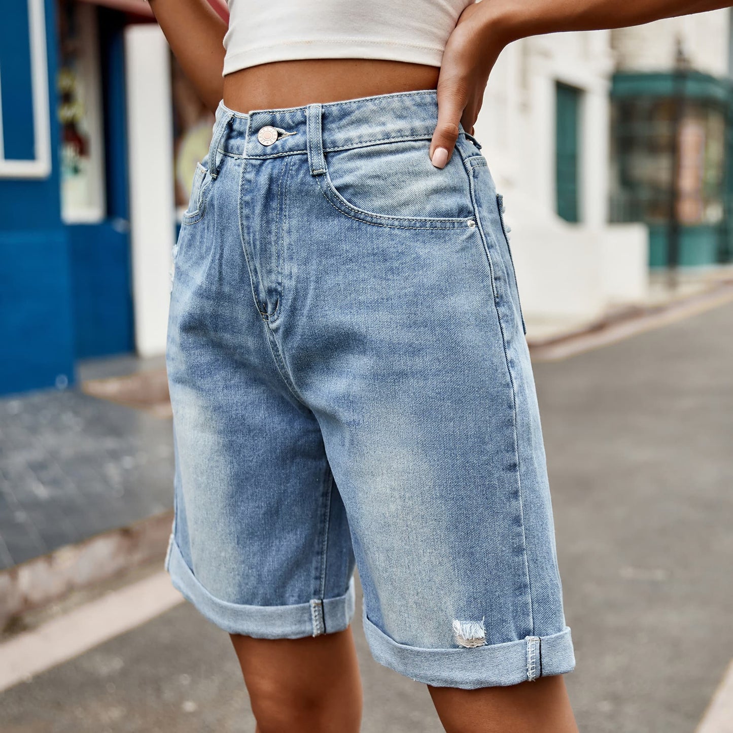 Distressed Buttoned Denim Shorts with Pockets