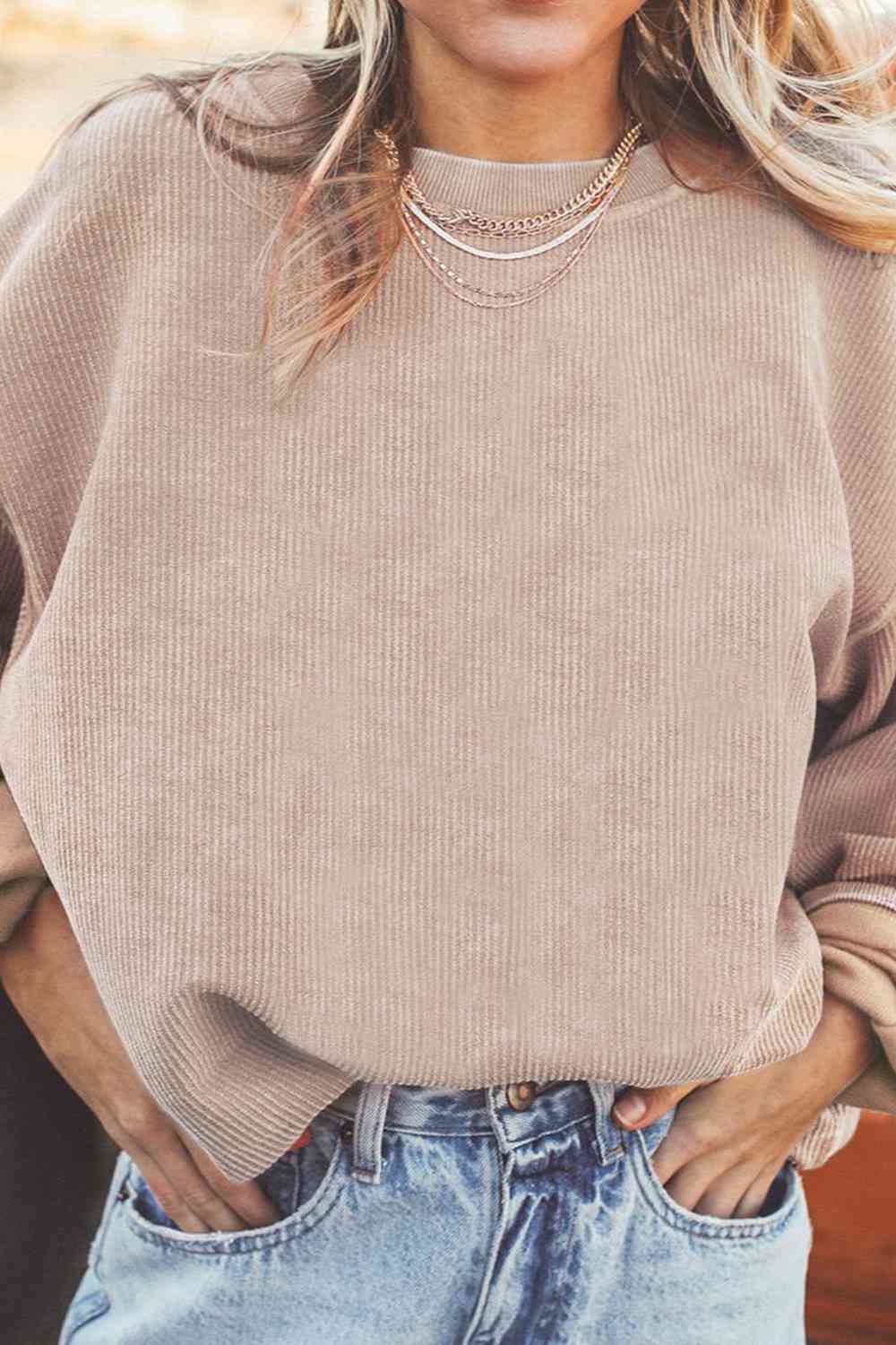 Ribbed Round Neck Drop Shoulder Sweatshirt