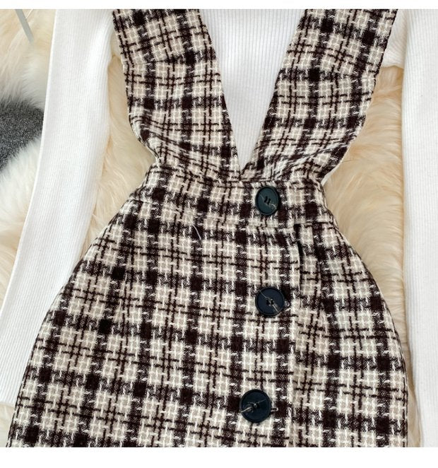 Woolen Plaid Suit Skirt Female Strap Dress Two-piece Sweater