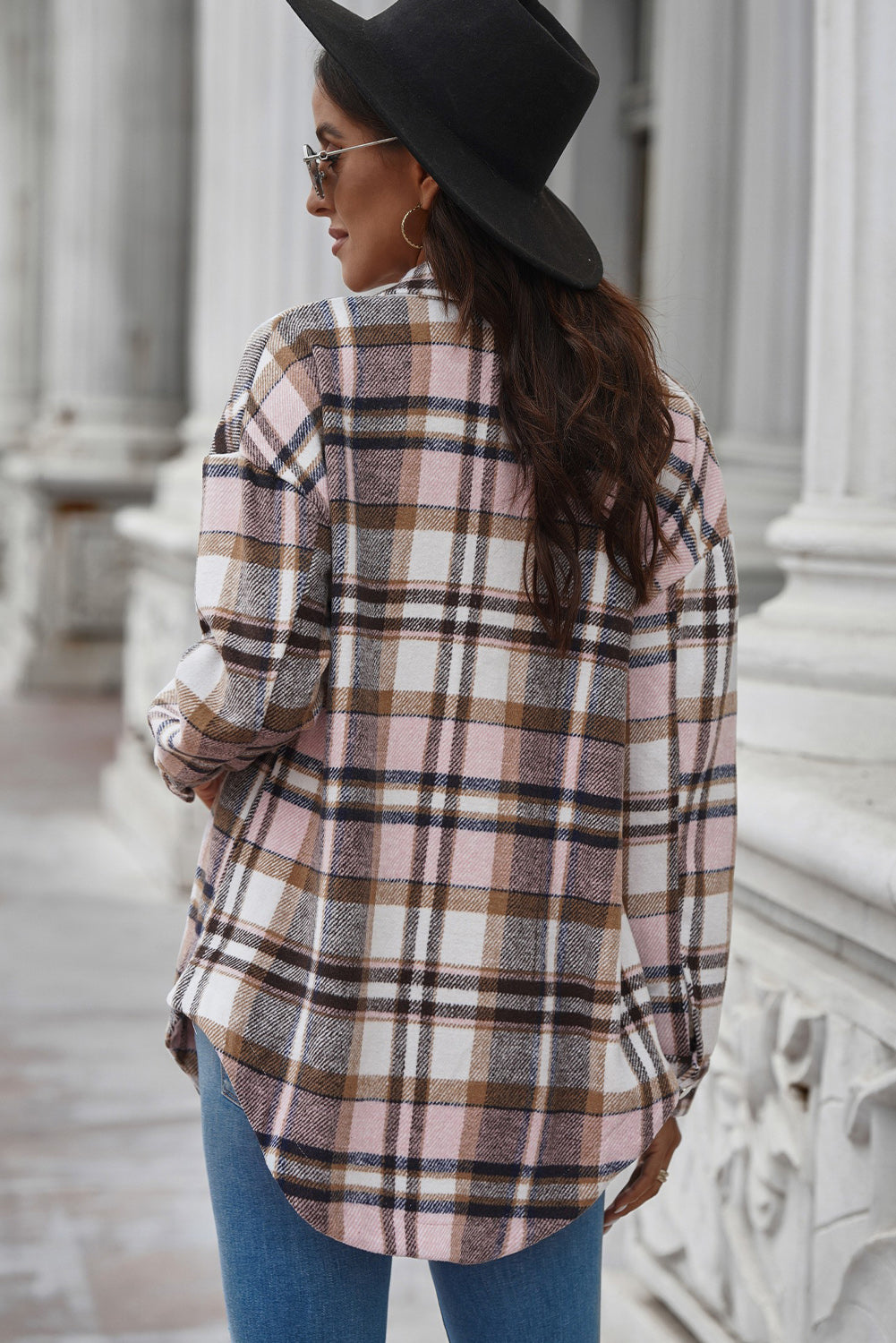 Plaid Curved Hem Dropped Shoulder Longline Shirt Jacket