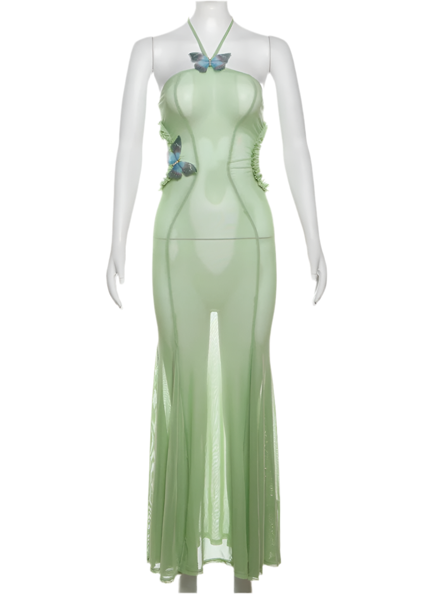 Green Butterfly Applique Halter Sheer Midi Dress