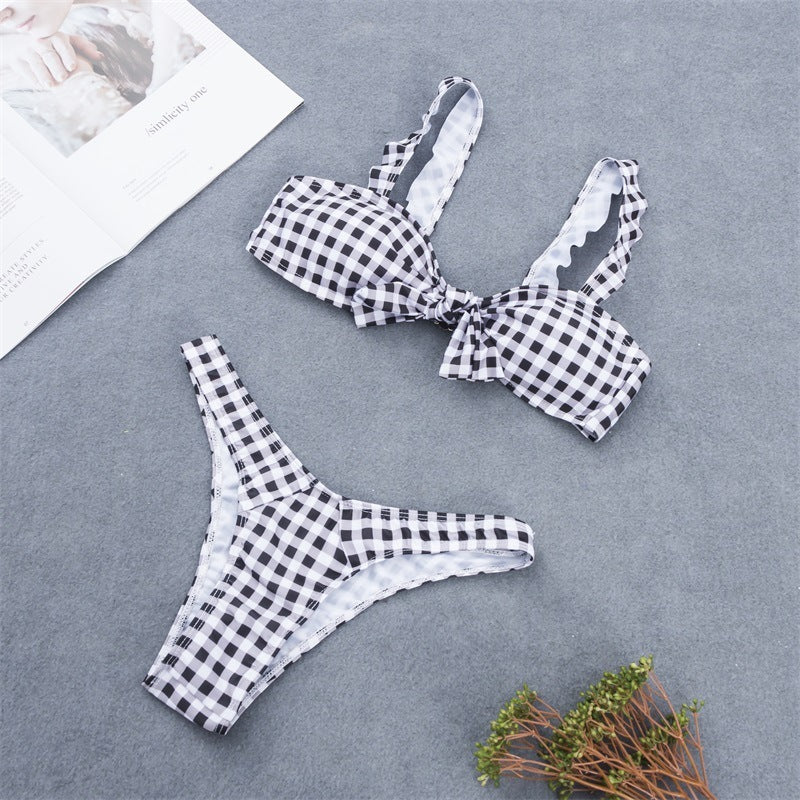 Plaid Bow Split Swimsuit Ladies Suit