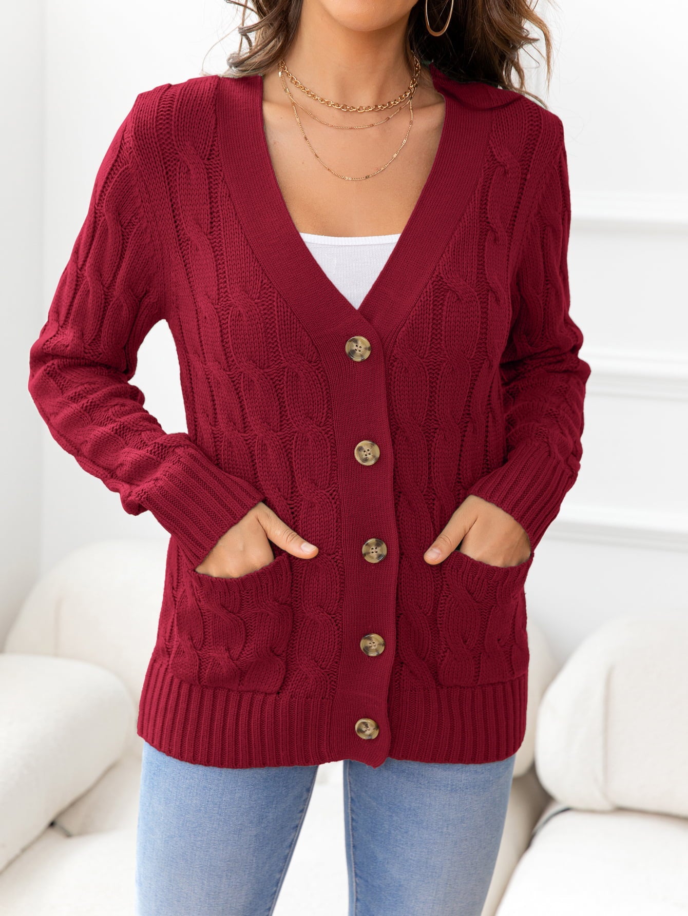 Button Down Cable-Knit Cardigan