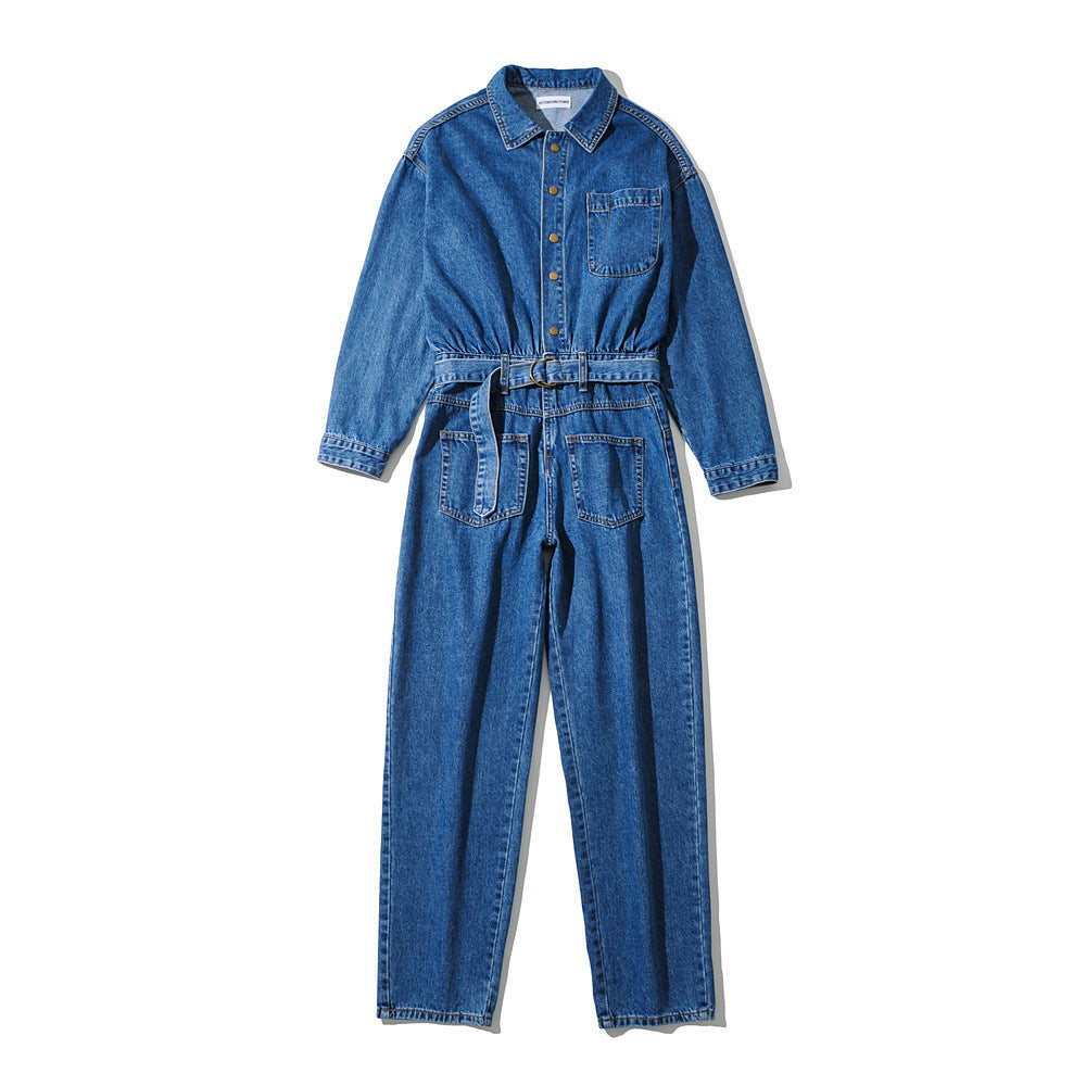 Lapel Collar Long-sleeved Waisted Denim Overalls Jumpsuit