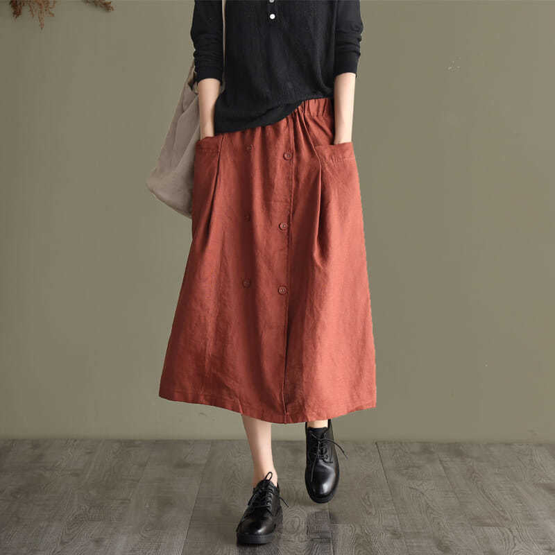 Loose And Casual Double-breasted Cotton And Linen Skirt