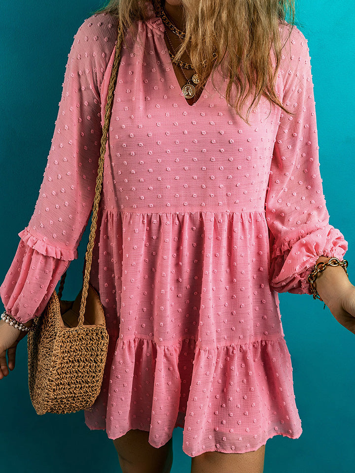 Pink Swiss Dot V-Neck Long Sleeve Mini Dress