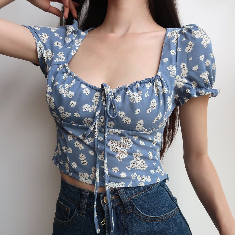 Women's Floral Shirt High Waist Short Slim  Fit Top