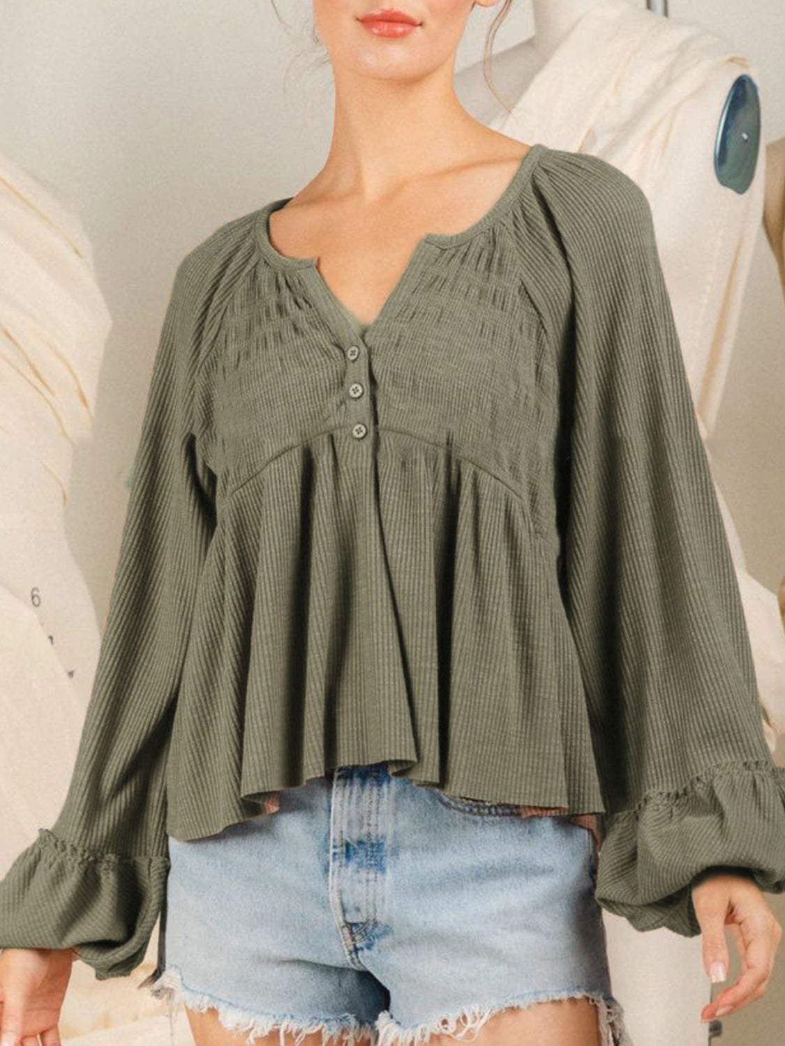 Notched Balloon Sleeve Peplum Blouse