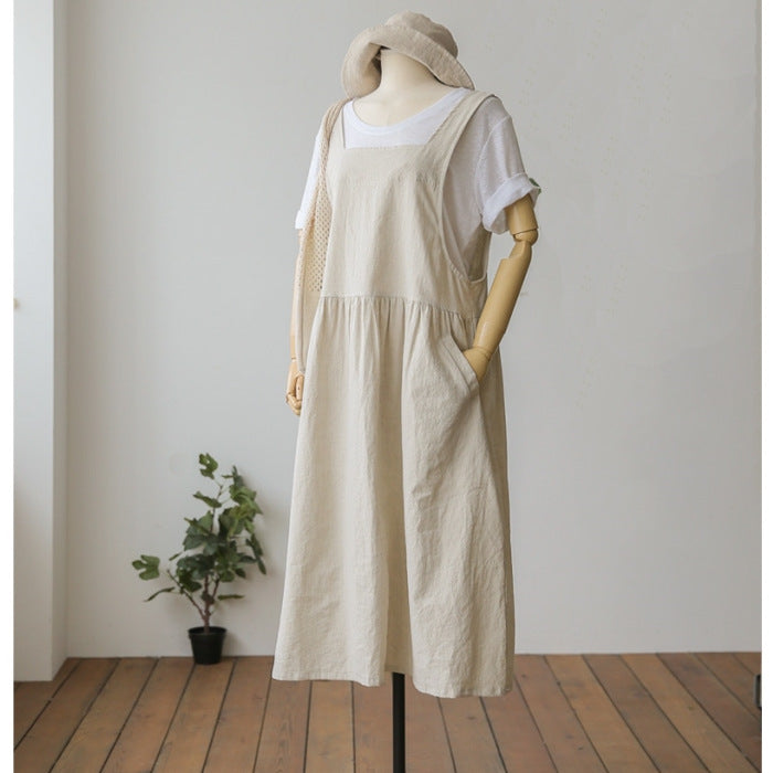 Women's Cotton And Linen Sling Dress Washed Cotton Beige