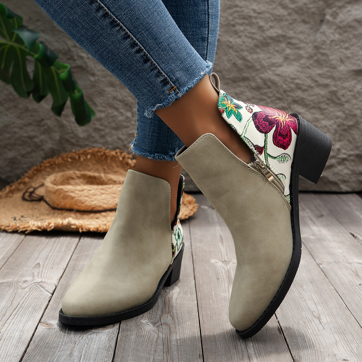 Flowers Printed Ankle Boots Fashion Side Zipper V-cut Square Heel Shoes For Autumn Winter