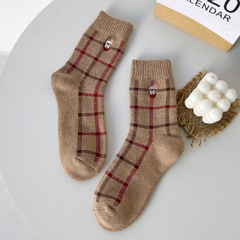 Women's Plush Warm Embroidered Bear Plaid Hose