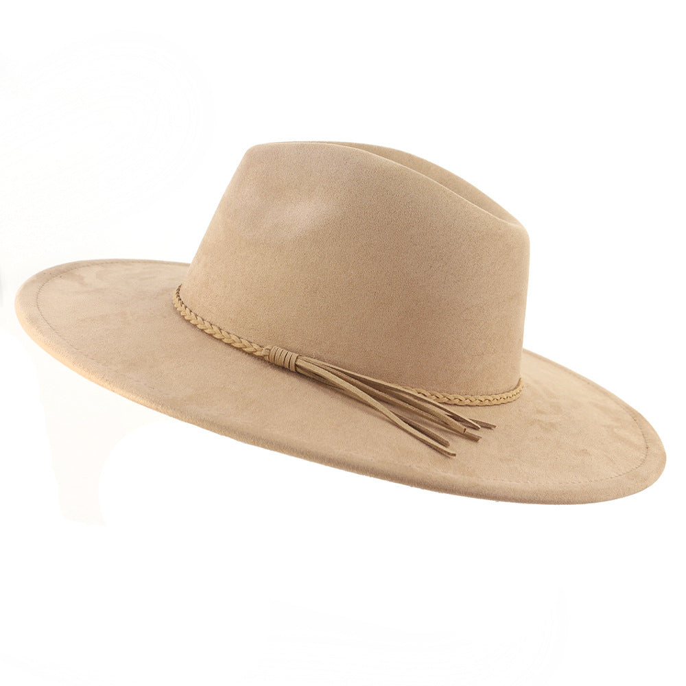 Flat Brim Women's 10cm Brim Suede Peach Top Tassel Hat