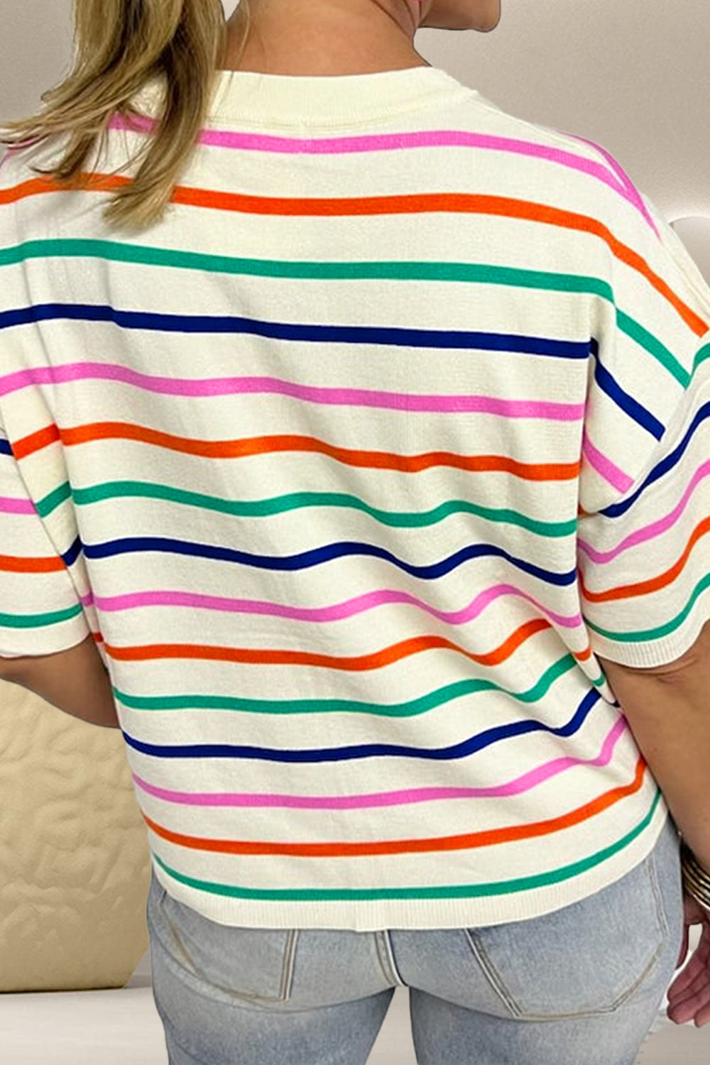 Striped Round Neck Half Sleeve Knit Top