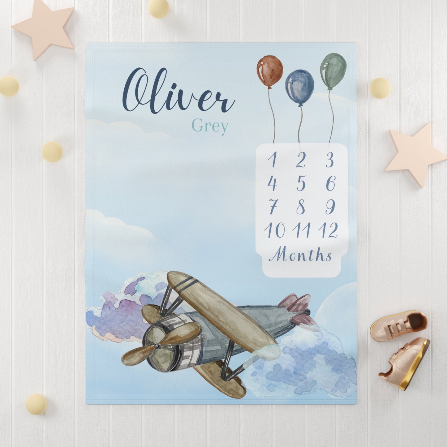 Airplane Themed Soft Fleece Milestone Blanket, Boys Monthly Growth Tracker, Personalized Baby Blanket, Baby Shower Gift, Newborn Baby Gift