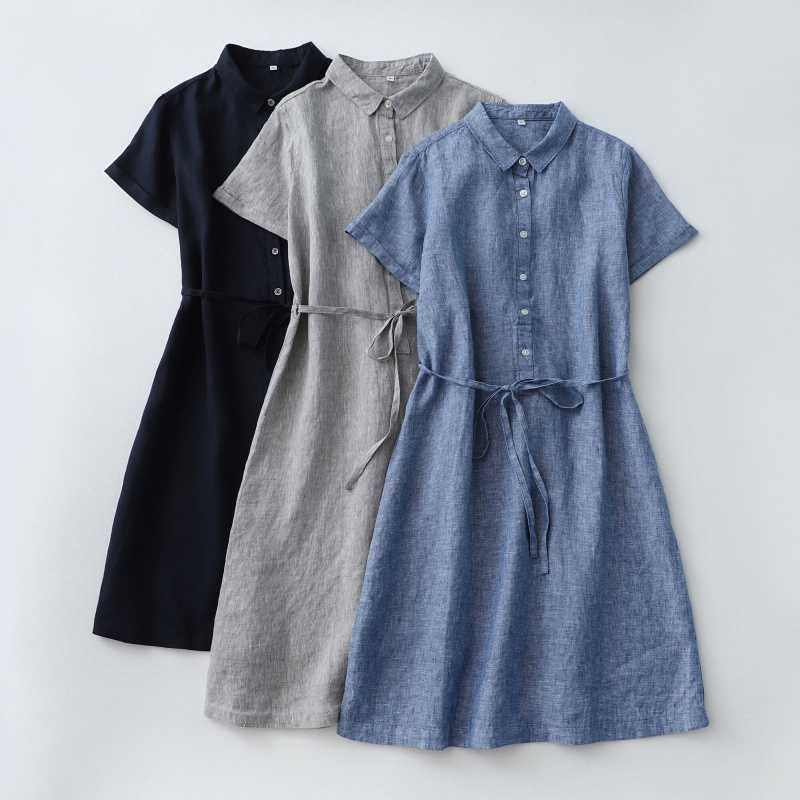 Linen Front Half-open Buckle Waist Lace-up Short Sleeve Dress