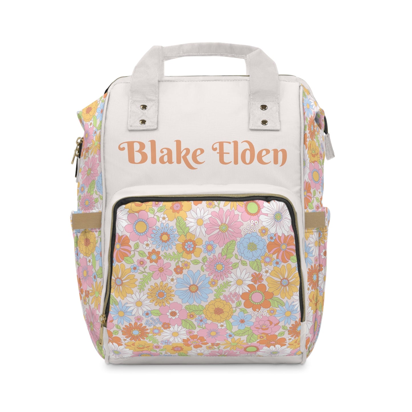 Personalized Retro Flowers Pattern Multifunctional Diaper Backpack, Newborn Gift, Baby Shower Gift, Retro Themed Baby Shower