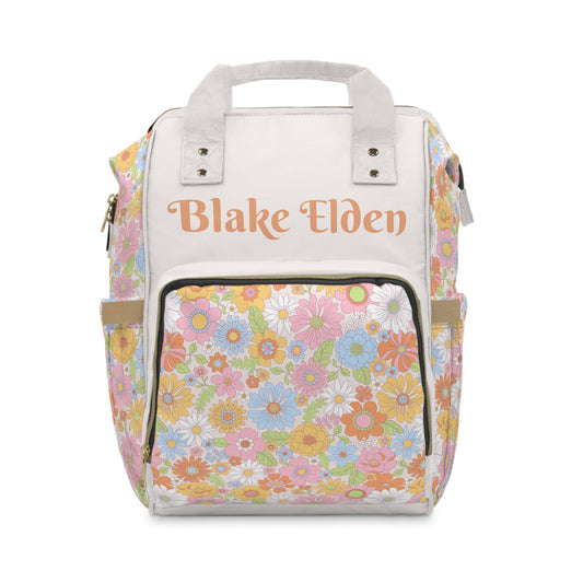 Personalized Retro Flowers Pattern Multifunctional Diaper Backpack, Newborn Gift, Baby Shower Gift, Retro Themed Baby Shower