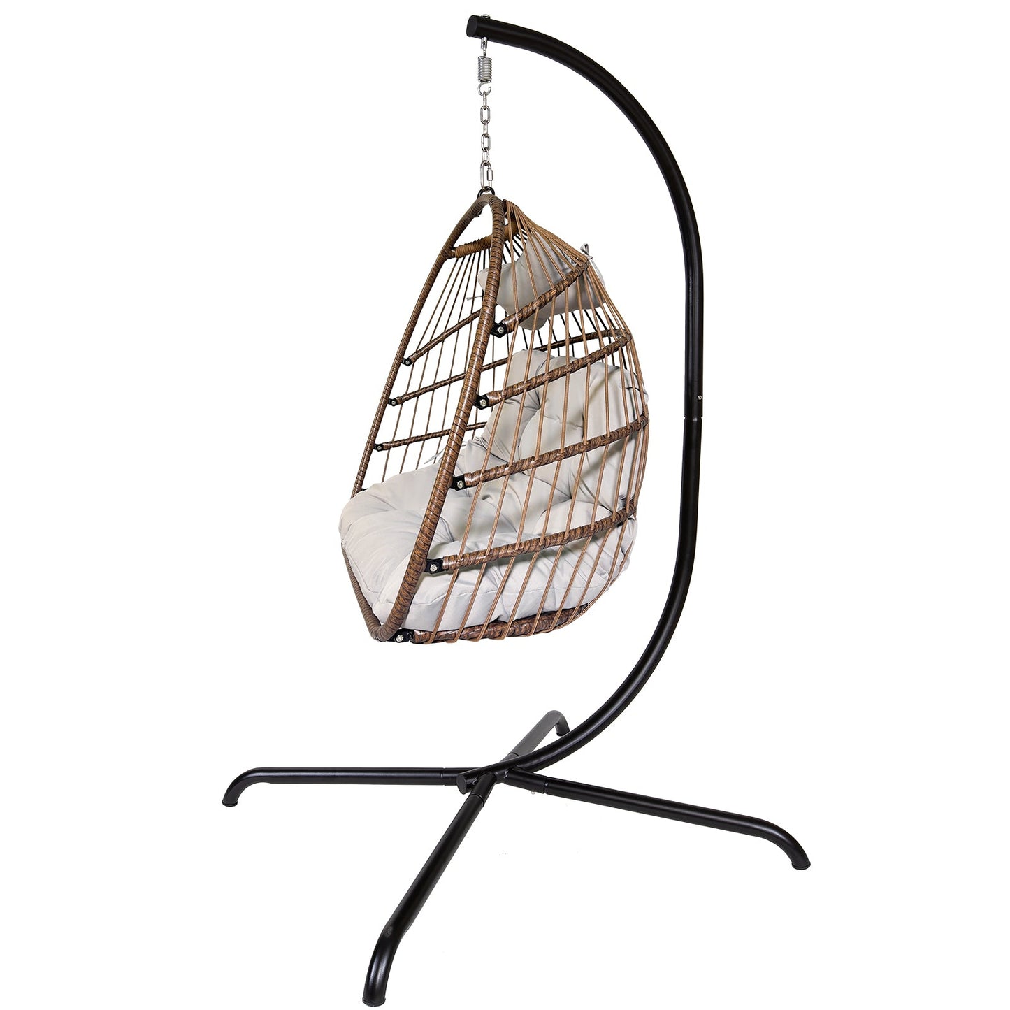 Swing Egg Chair With Stand Indoor Outdoor Wicker Rattan Patio Basket Hanging Chair With C Type Bracket , With Cushion And Pillow