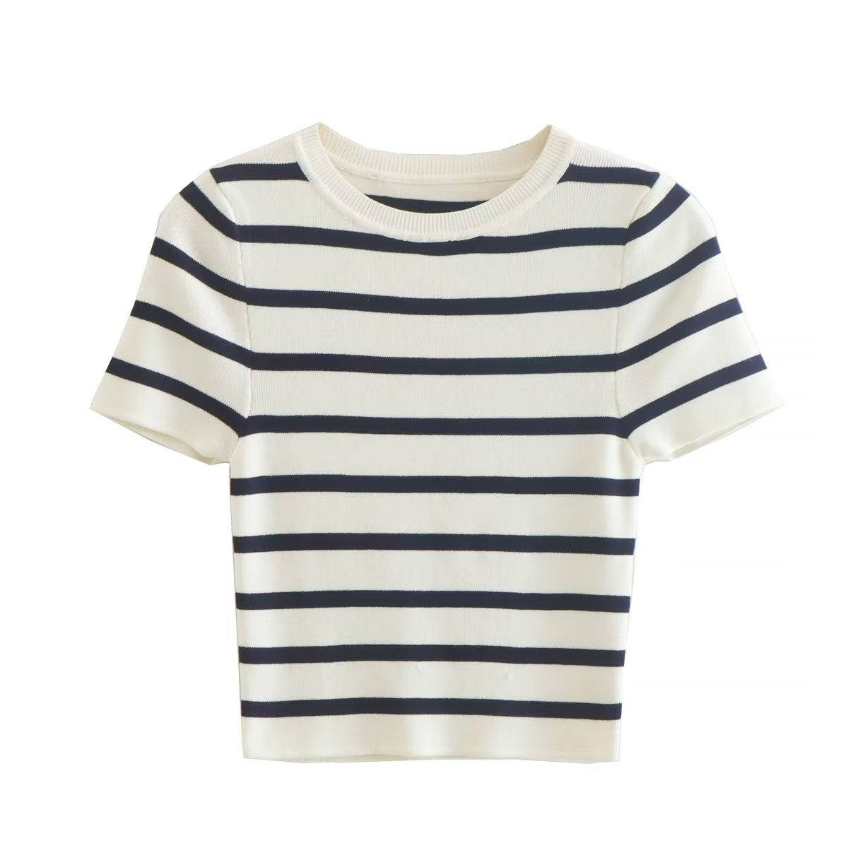 Two-color Short Knitted Top Slim Striped