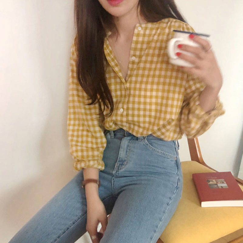 Girl Yellow Gingham Versatile Fashion Simple Loose Plaid Single Breasted Shirt