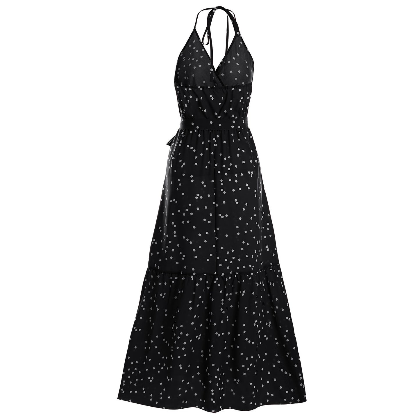 Women's V-Neck Strap Polka Dot Long Dress