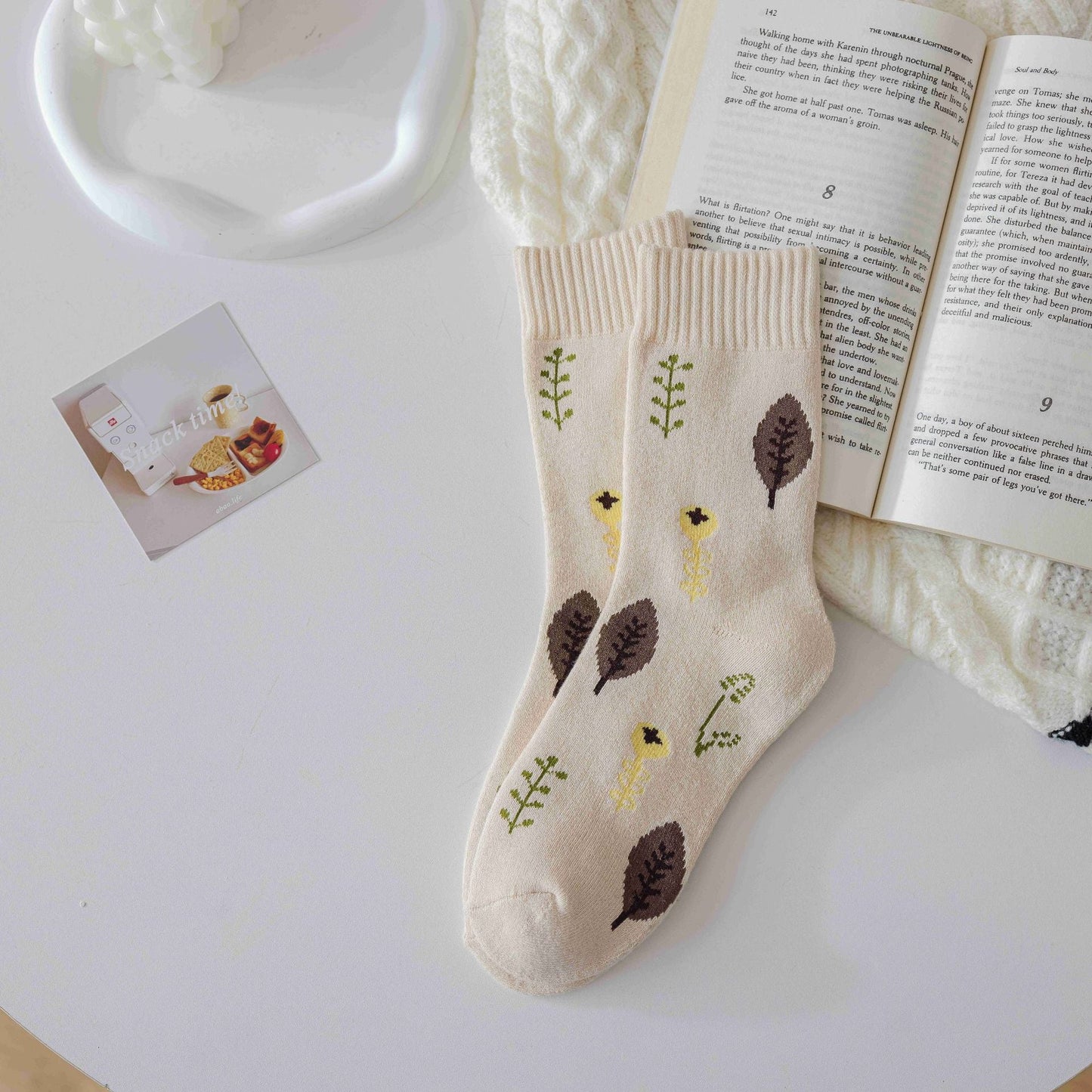 Socks Female Coffee Color System Wool Ring Plaid Towel Casual Thickened Warm Mid-tube Socks