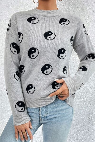 Printed Mock Neck Dropped Shoulder Sweater