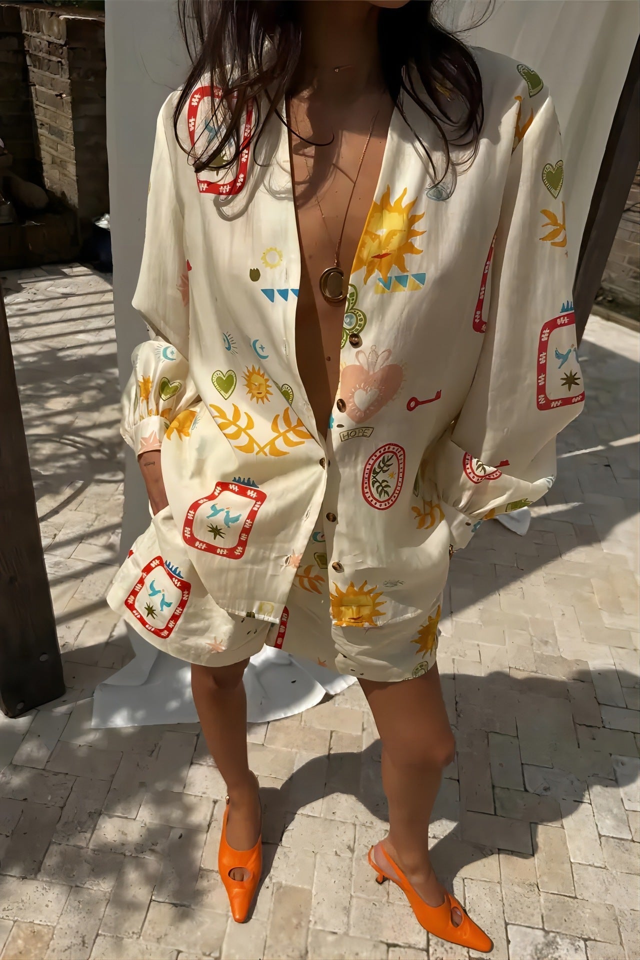 Women's Fashion Printed Leisure All-matching Shirt Cardigan Shorts Suit