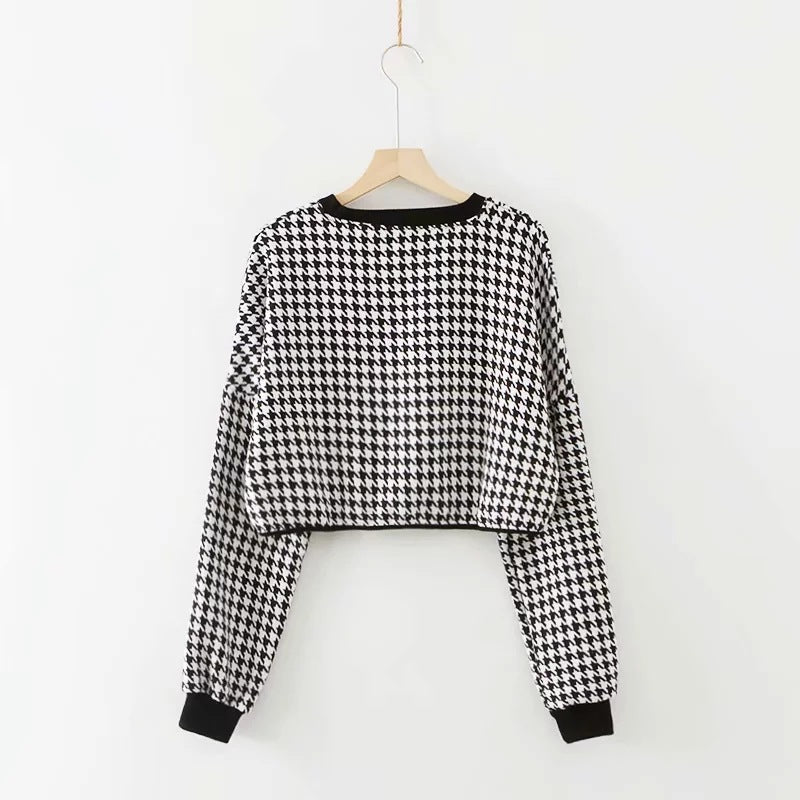 Hounds tooth Crew Neck Loose Cropped Pattern Sweater