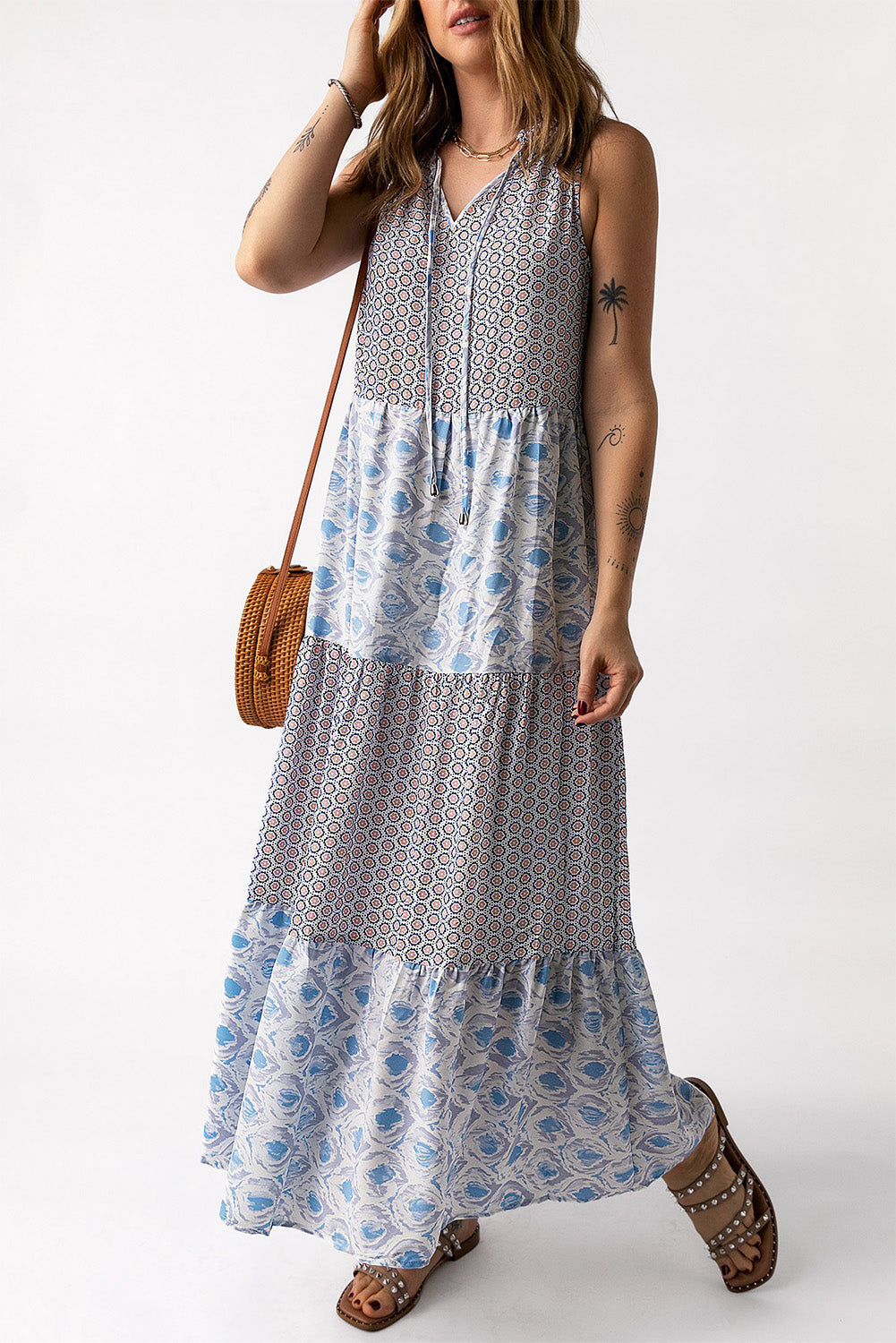 Patchwork Mixed Print Tie-Neck Sleeveless Maxi Dress