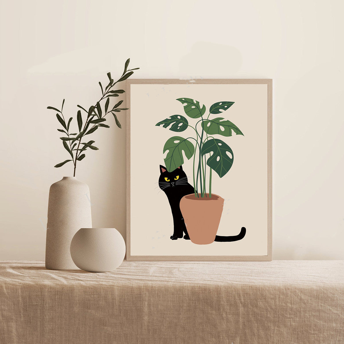 Cat Wall Art Drawing Cartoon Cute Canvas Painting