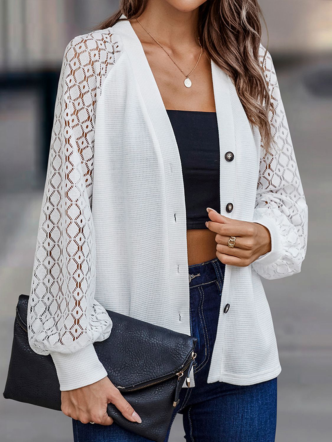 Lantern Sleeve V-Neck Button-Down Blouse