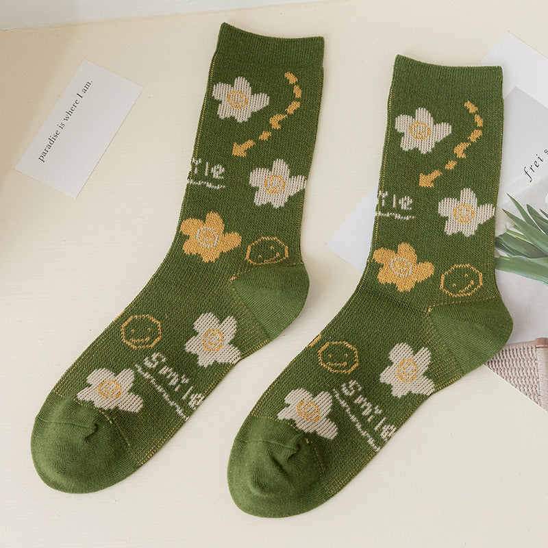 Green Department Diamond Flower Double Needle Double Way Women's Mid-thigh Socks