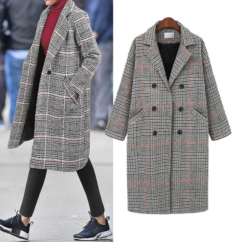 All-Match Double Breasted Plaid Mid-Length Woolen Coat