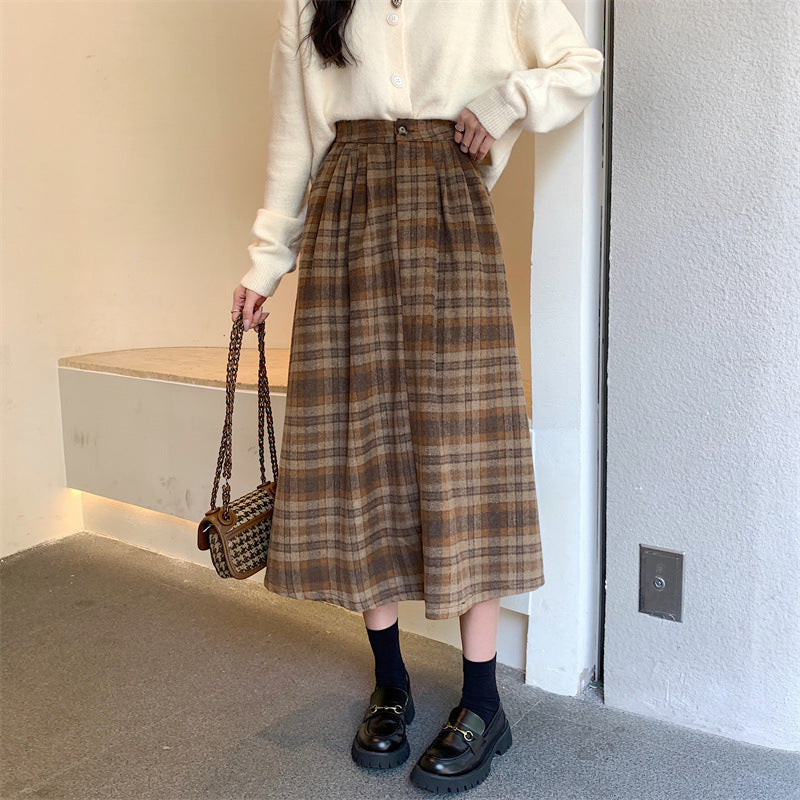 High-grade Coffee Color Plaid Skirt For Women