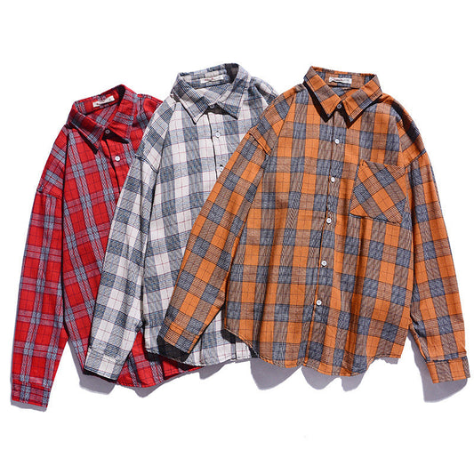 Japanese Style Long Sleeve Plaid Shirt Men's