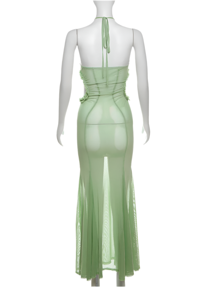 Green Butterfly Applique Halter Sheer Midi Dress