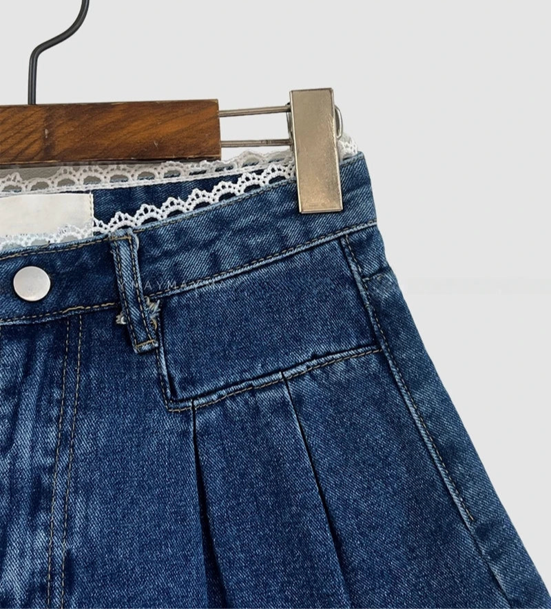 Lace Trim High Waist Denim Shorts - Casual Loose Fit