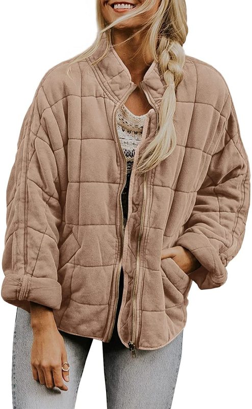 Solid Color Quilted Cotton Jacket with Loose Pockets and Long Sleeves