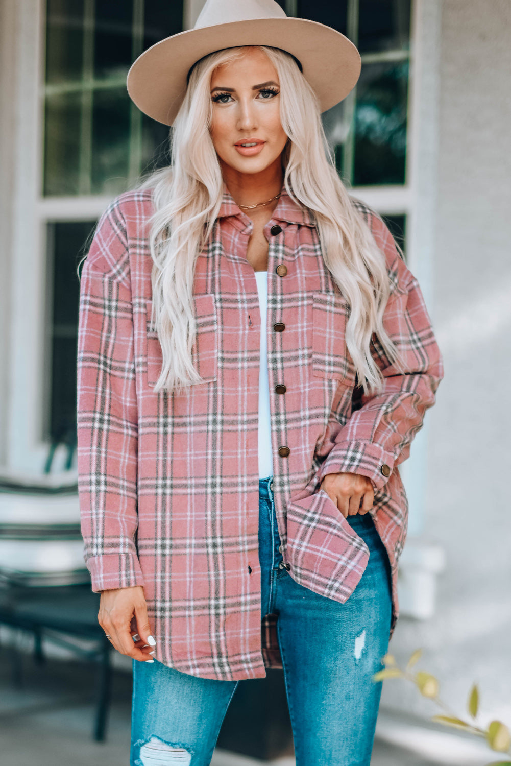 Plaid Curved Hem Dropped Shoulder Longline Shirt Jacket