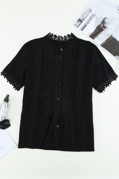 Lace Detail Button Up Short Sleeve Shirt