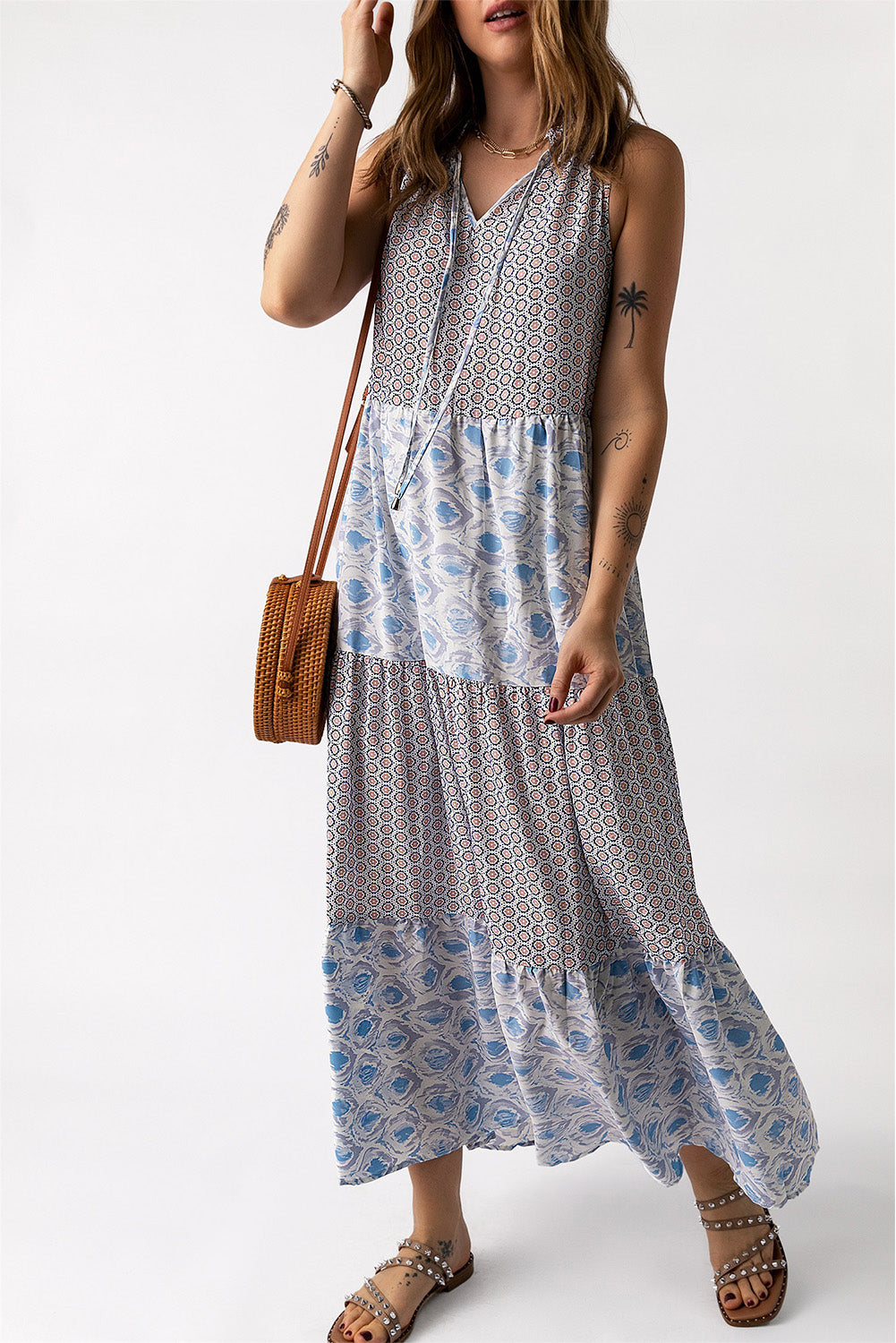 Patchwork Mixed Print Tie-Neck Sleeveless Maxi Dress