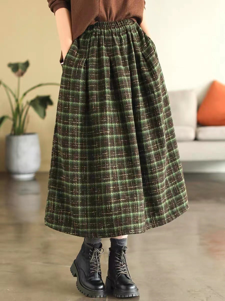 Elastic High Waist Woolen Cloth Plaid A- Line Skirt