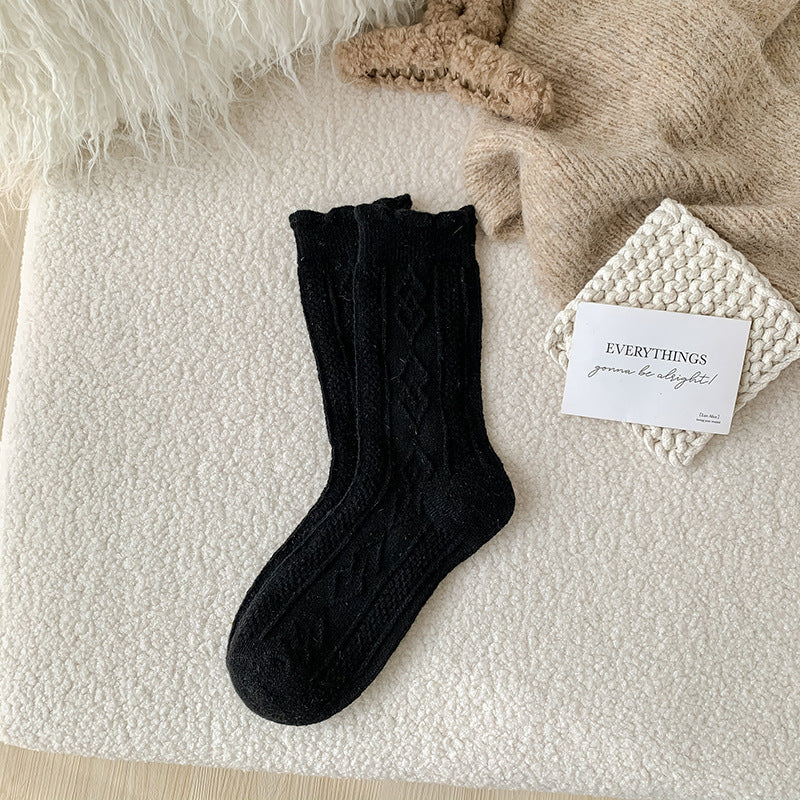 Autumn And Winter Thickening Diamond-shaped Milk Curry Color System Wool Mid-thigh Socks