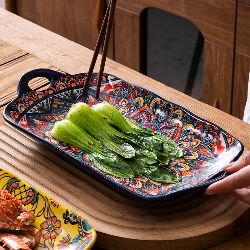 Bohemian Double Ear Ceramic Household Steamed Fish Plate